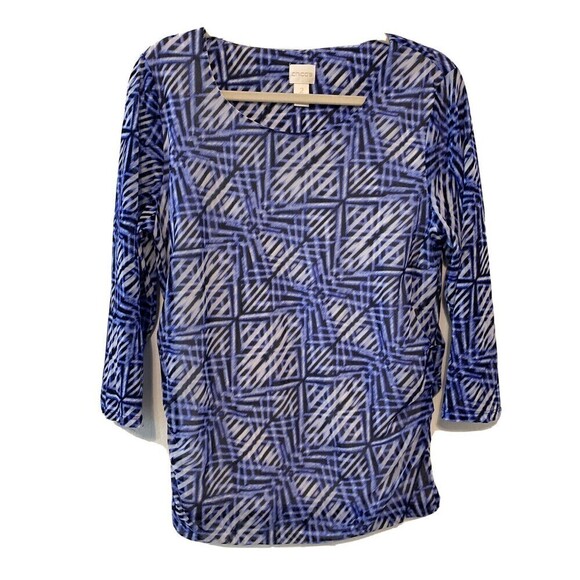 Chico's Tops - Chico's Womens Size Large Blue Black White Printed Mesh Overlay Nylon Blouse